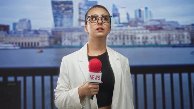 Woman reporter holding red microphone, looking up at riverfront city skyline; urban reporting professionalism.