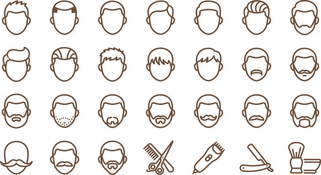 Various men's hairstyles and facial hair styles with barber tools
