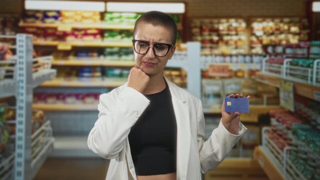 Woman holding a creditcard with hand to chin and puzzled expression in a building grocery aisle; budgeting uncertainty.
