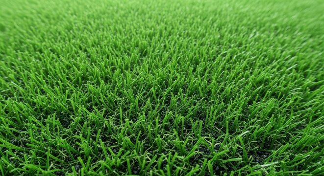 A close-up view of the dense green artificial turf surface, showing the synthetic fibers and rubber infill used for modern sports fields, artificial, carpet, turf