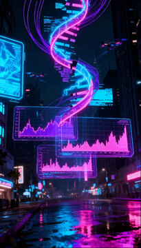 A cyberpunk-style vector illustration with neon holographic colors depicting a smart city with pop-up graphical windows in augmented reality.