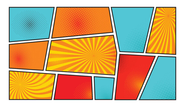 Comic book panel template with colorful retro pop art background and halftone dots vector.