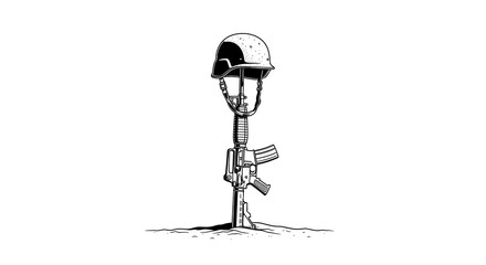 Naklejka premium Monochrome artwork depicts a soldier's helmet atop a rifle planted in the ground, representing loss