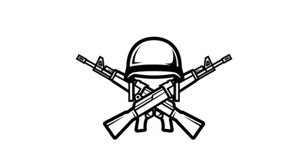 Naklejka premium Monochrome emblem showing a helmet above crossed rifles, simple lines, stark white background