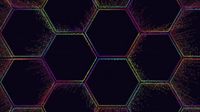 Abstract futuristic hexagon grid with colorful neon particle trails on dark background, ideal for technology, data, AI, cybersecurity, and digital network visuals