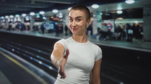 Woman extends right hand for handshake on a subway platform at a station, short hair and white t shirt visible; welcome invitation.