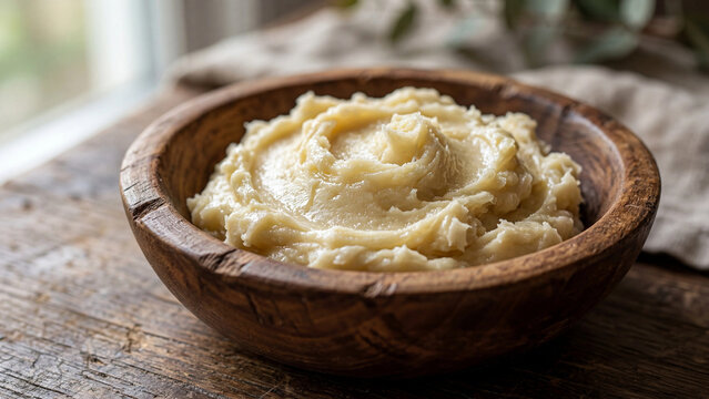 Shea butter in wooden bowl with creamy texture on rustic natural surface