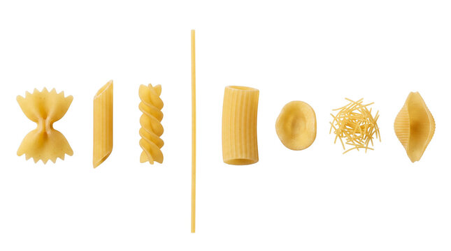 Variety of pasta shapes and strands on white background