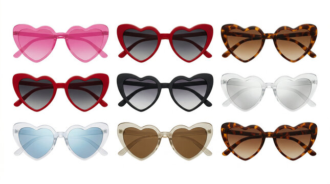 Collection of heart shaped sunglasses on white background