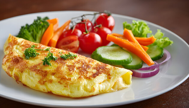 Delicious french omelette with cheese served with fresh vegetables