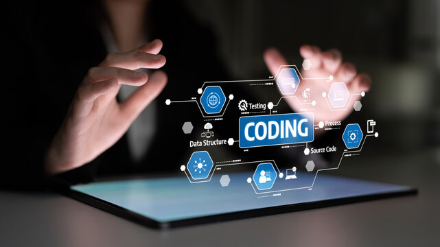 A captivating representation of coding concepts featuring digital graphics and hands interacting with a touchscreen interface to illustrate software development. Tessel