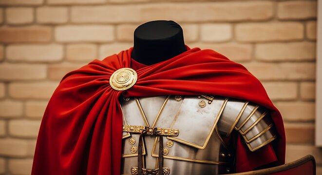 Roman Legionary armor and cloak on a mannequin, displayed against a brick wall