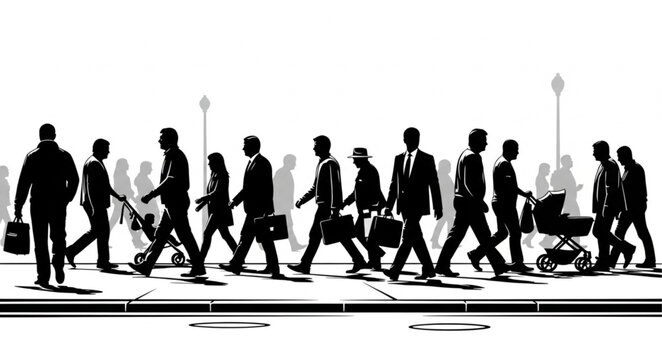 Diverse group of people walking on a city sidewalk in silhouette.