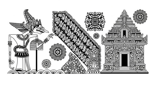 Traditional Indonesian Wayang Kulit Shadow Puppet and Temple Illustration.