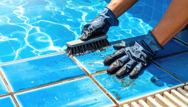 Person cleaning swimming pool tiles with brush and gloves