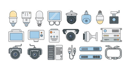 Fototapeta premium A comprehensive collection of various security cameras light bulbs network switches and server equipment icons are arranged in a neat grid on white.