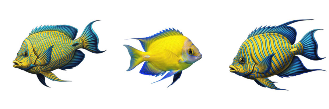 Set and collection of yellow and blue tropical reef fish isolated on white transparent png background