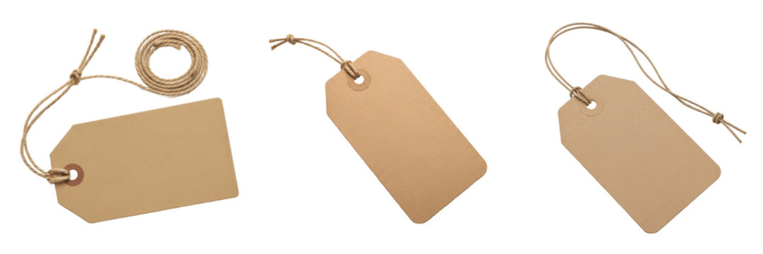Set and collection of slanted brown paper tag isolated on white transparent png background