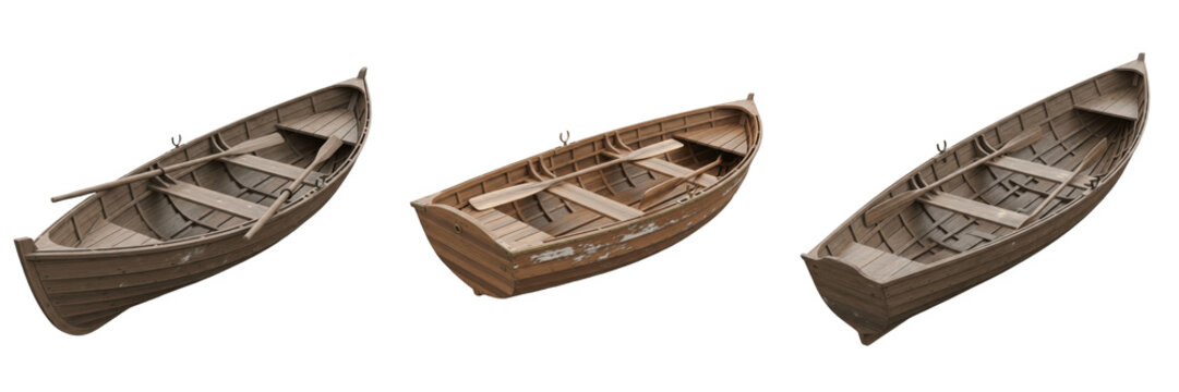 Set and collection of old wooden row boat isolated on white transparent png background