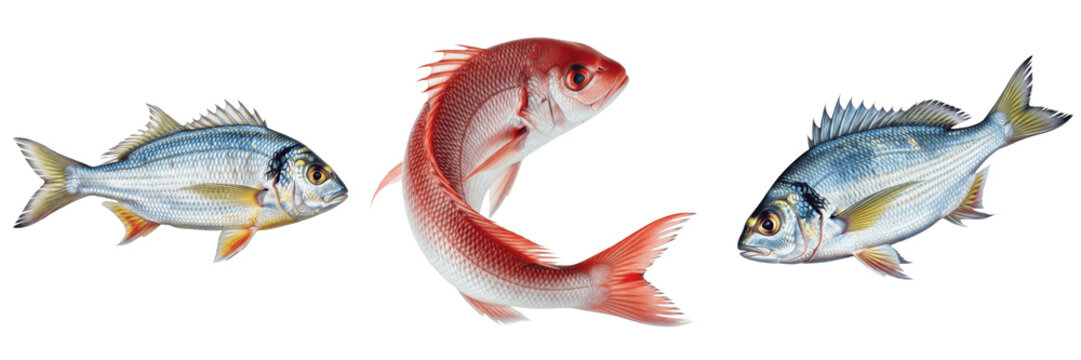 Set and collection of whole raw red snapper fish isolated on white transparent png background