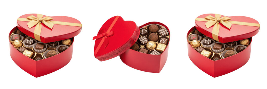 Set and collection of open red heart chocolate box isolated on white transparent png background