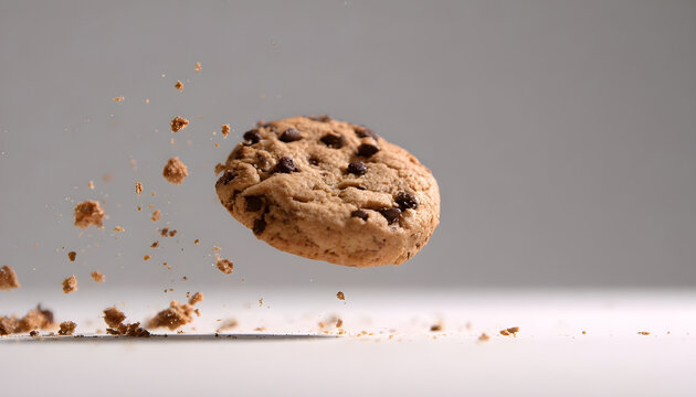 Trail of crumbs leading to chocolate chip cookie. Concept film clip with sliding motion.