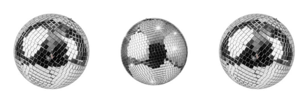 Set and collection of shiny disco mirror ball isolated on white transparent png background