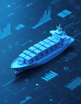 Global shipping cargo vessel on futuristic data interface