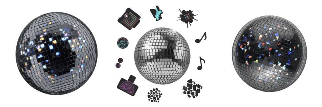 Set and collection of disco ball with shards isolated on white transparent png background