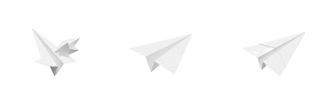 Set and collection of white paper airplane isolated on white transparent png background