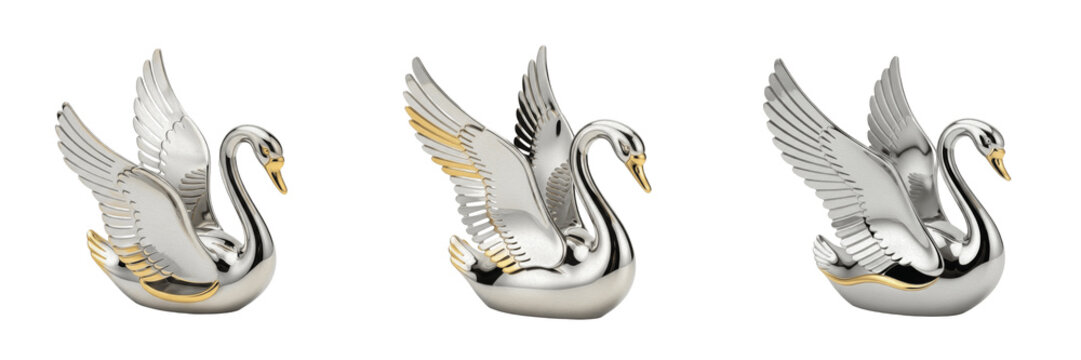 Set and collection of silver swan figurine isolated on white transparent png background
