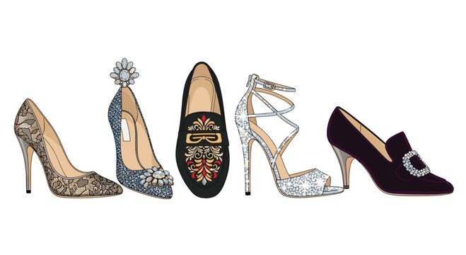 A diverse collection of five exquisite luxury women's shoes featuring intricate lace patterns, sparkling jewels, colorful embroidery, and shimmering glitter.