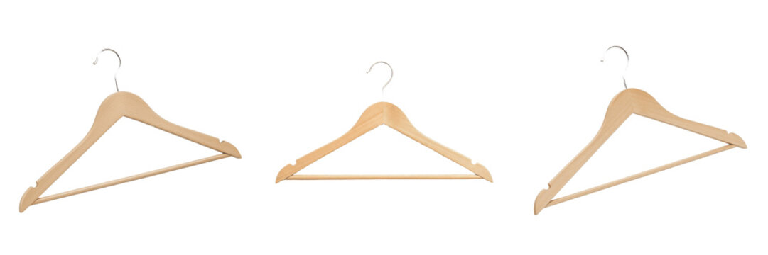 Set and collection of wooden clothes hanger isolated on white transparent png background