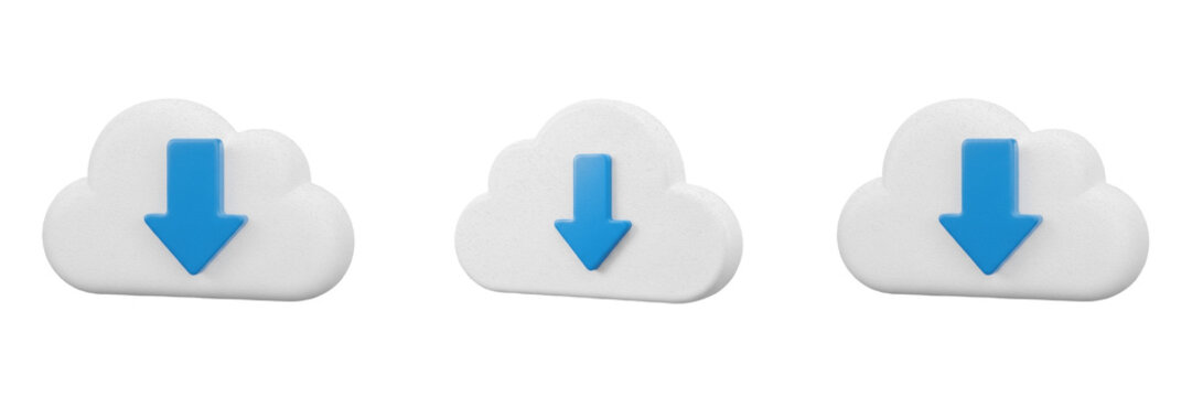 Set and collection of blue cloud download icon isolated on white transparent png background