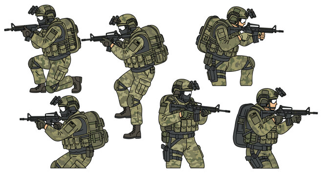 Six detailed illustrations of special forces soldiers wearing camouflage gear and night vision goggles are displayed in various tactical stances on a white field.