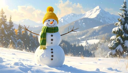 Obraz premium A whimsical snowman stands in a snowy landscape with a hat, scarf, and twig arms. Mountains and trees form the backdrop