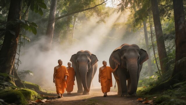 Monks walking with elephants in forest