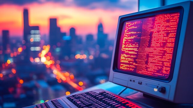 Retro Computer Coding at Sunset Downtown City Skyline with Code on Screen.