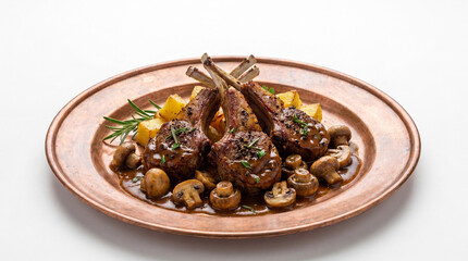 Fototapeta premium Delicious lamb chops on a copper plate with mushrooms and potatoes, isolated on white background