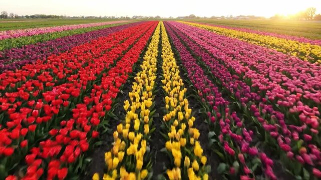 Colorful tulip flower field with vibrant red, yellow, pink blooms nature&rsquo;s spring garden, showcasing rows of fresh petals, outdoor landscape, agriculture, sunlight, and floral beauty bloom flora