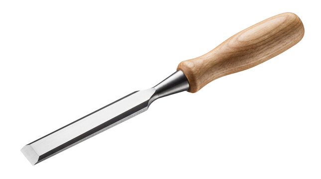 A flat, sharp chisel with a wooden handle on transparent background