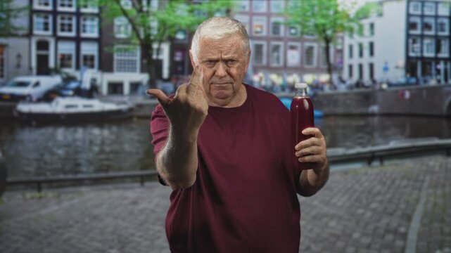 Senior man holding pomegranate juice bottle shows middle finger on canal street while facing camera; defiance rebellion.