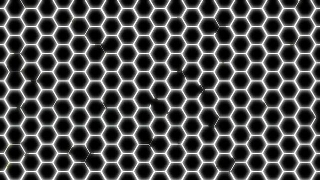 Glowing white lines form a repeating hexagonal pattern on a black background, with individual cells subtly pulsating. Concept of digital technology and geometric design
