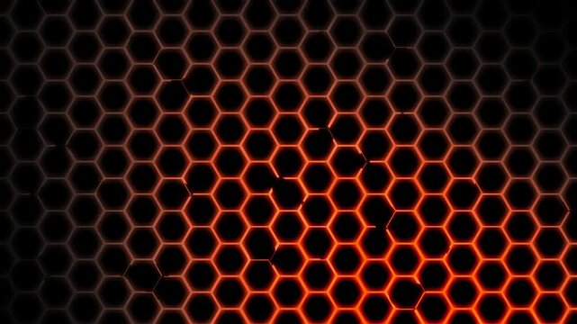 Abstract animation of a dark hexagonal mesh with a glowing orange neon light underneath. Geometric background with honeycomb pattern for technology, gaming, or futuristic concepts.