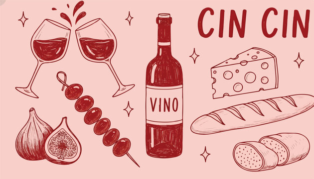 bottle of wine, clinking glasses, cheese, a baguette, figs, and an olive skewer alongside the text "Cin Cin." Perfect for Italian restaurant menus