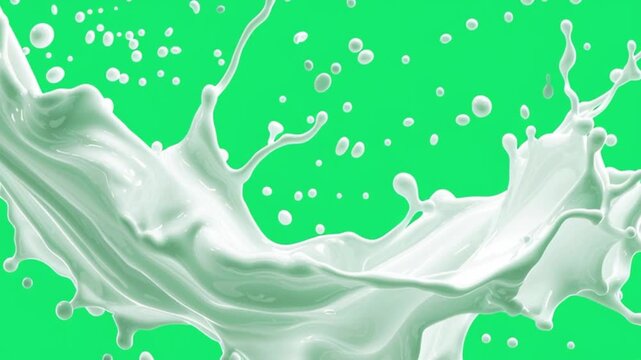 A magnificent stream of white liquid milk splashes dynamically against a bright emerald green screen background in a studio setting.