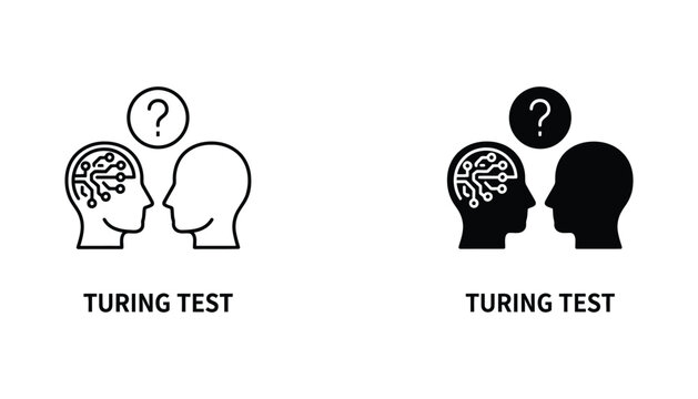 Turing test concept icon showing human brain and artificial intelligence interaction in both outline and solid black vector styles for tech and machine learning themes in modern graphic design