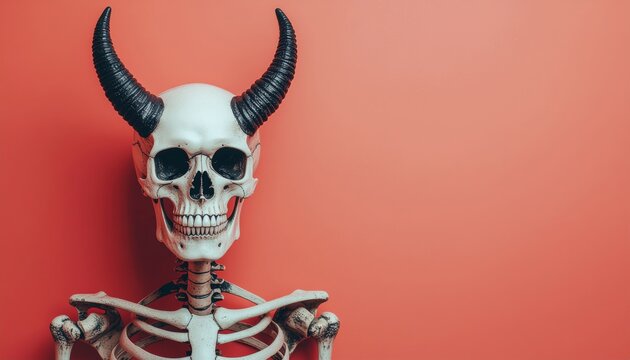 A captivating devilish skeleton on a red background, perfect for spooky Halloween themed designs