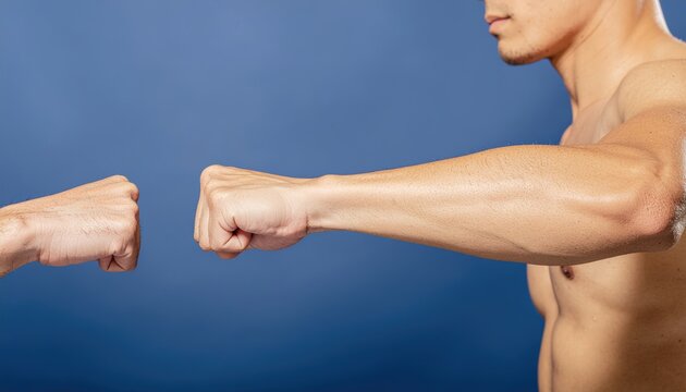 Expressive fist bump between two individuals against a solid blue background, capturing connection