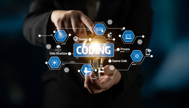 A professional represents coding innovation with a glowing light bulb. Digital icons illustrate key aspects of technology including data structure, testing, and process. Tessel